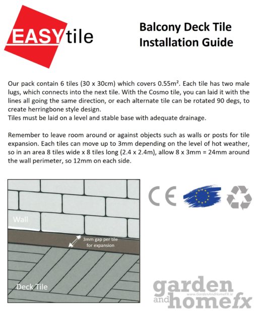 Easy Tile recycled rubber Balcony & Deck Patio Tile made from old car tyres, stocked in Ireland Installation Guide