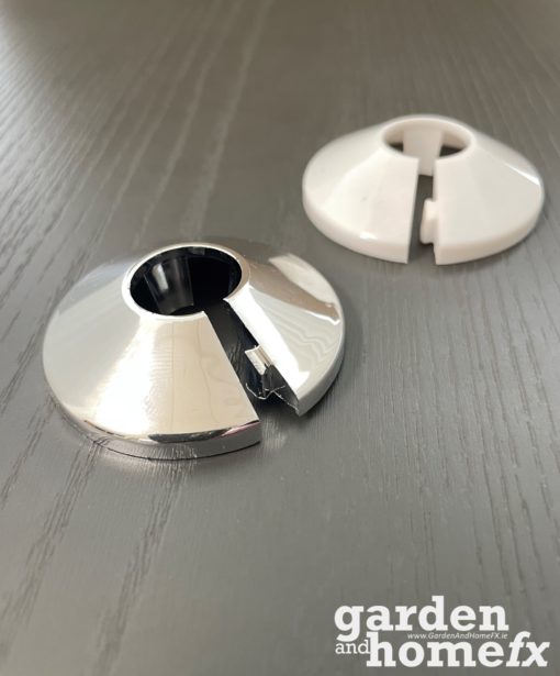 Trojan White & Chrome effect radiator pipe wrap around cover and split floor rosette. Supplied in Dublin Ireland by www.gardenandhomefx.ie