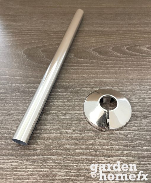 Trojan Chrome effect radiator pipe wrap around cover and split floor rosette. Supplied in Dublin Ireland by www.gardenandhomefx.ie
