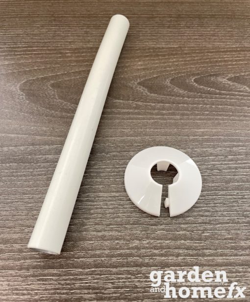 Trojan White effect radiator pipe wrap around cover and split floor rosette. Supplied in Dublin Ireland by www.gardenandhomefx.ie