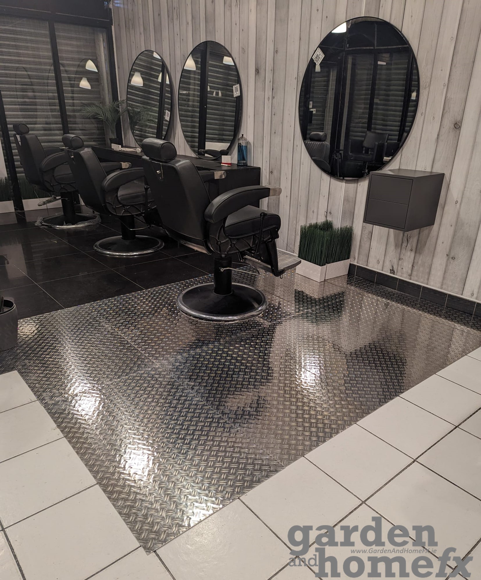 chequer or checker plate DIY panels used as flooring in "The Barbers Union" firhouse, Dublin. www.GardenandHomeFX.ie