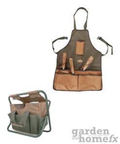 Esschert traditional green & brown gardening apron & toolstool (tool bag and folding stool) supplied in Ireland by www.GardenAndHomeFX.ie