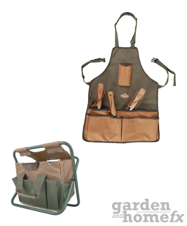 Esschert traditional green & brown gardening apron & toolstool (tool bag and folding stool) supplied in Ireland by www.GardenAndHomeFX.ie