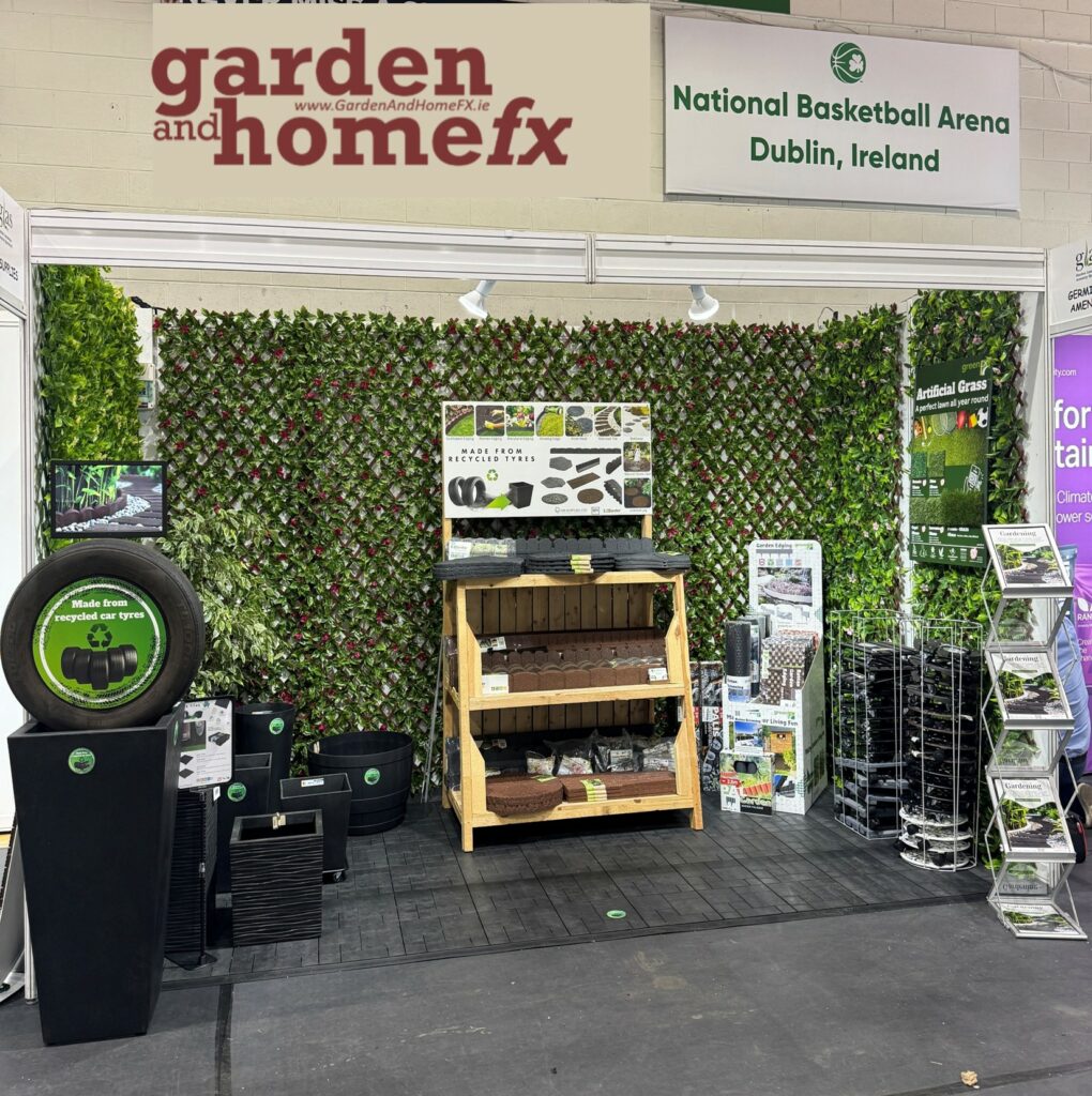GLAS 2025 - recycled rubber pots, deck tiles, garden lawn edging & stepping stones. www.GardenAndHomeFX.ie